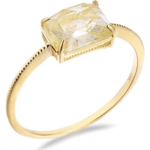 UBESTNICE Genuine 9K Gold Rose Cut Natural Gemstone Quartz Rutilated Fine Jewelry Crystal Rings For Women Wedding Party Gifts