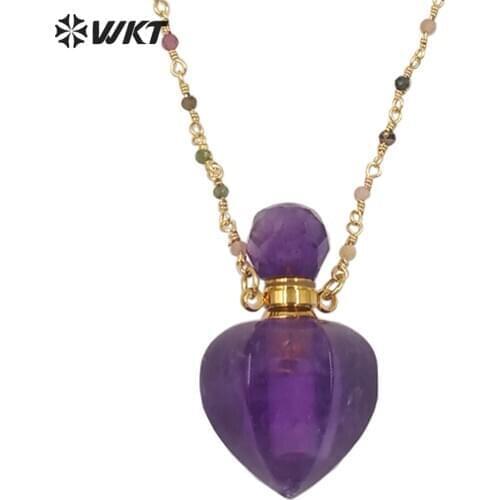 WT-N1277 Amazing natural hot women stone drop shape perfume bottle necklace gold electroplated crystal essential oil necklace