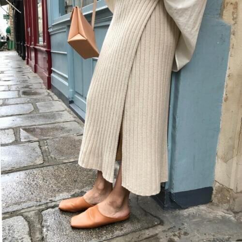 Women Autumn Winter Split Cashmere Long Midi Pencil Skirt Female Pit Line High Waist Elegant Slim Jupe Longue Femme Hiver