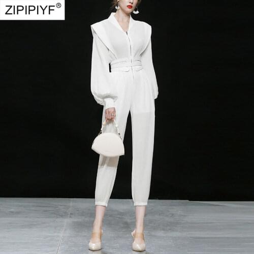 2021 Summer Runway Fashion Euro Style Zipper Up Design Long Lantern Sleeve Belt Stand Neck High Waist White Jumpsuits Z426