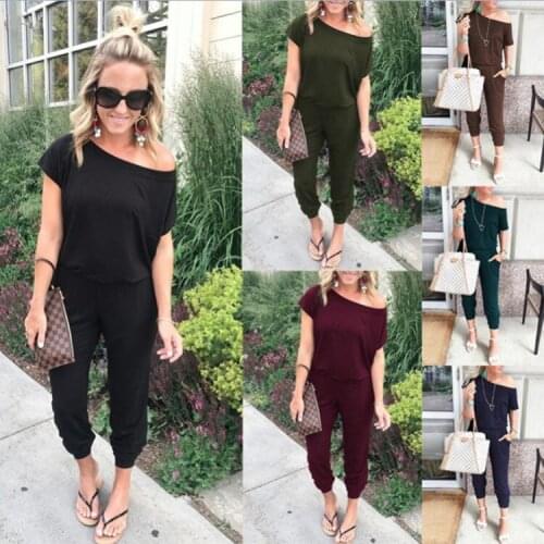 New 6-color 2021 Spring And Summer Fashion Slant Shoulder Short Sleeve Pocket Womens Jumpsuit Casual Sexy Off The Shoulder Top