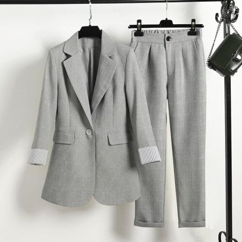 Ladies suit plaid suit jacket spring and autumn new style temperament slim fit casual gray suit pants 2 piece set women