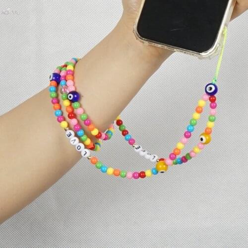 AOMU Ethnic Colorful Beads Mobile Phone Chain Candy Color Resin Beaded LOVE Letter Long Mobile Phone Rope Necklace for Female