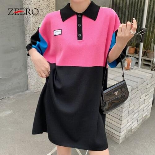 Summer Single-breasted Lapel Short Sleeve Stitching Color Long Polo T Shirt Dresses for Women Korean Vintage Loose Slim Dress