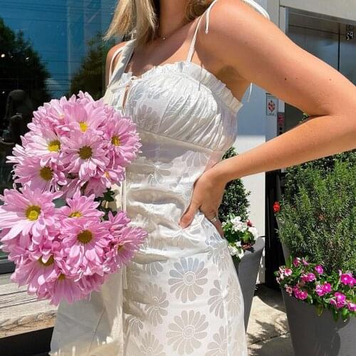 Ladies Sexy Short Slip Dress Summer Girls Floral Pattern Chest Lace Ruched Decoration Tie Up Sleeveless Suspender Dress