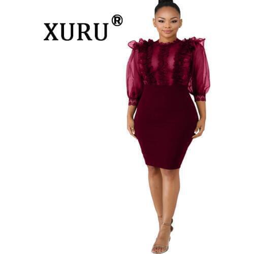 XURU new hot womens dress ruffled mesh mesh perspective sexy dress royal blue wine red black dress