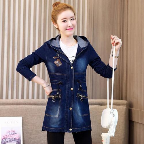 New S-5XL Spring Autumn Women Coat Plus Size Fashion Casual Loose Back Letter Hooded Jeans Trench Coat For Women Denim Outerwear