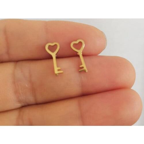 1Pair Tiny Heart Key Stainless Steel Earrings Cute Trendy Studs Fashion Ear Jewelry For Women Girls Kids Gift