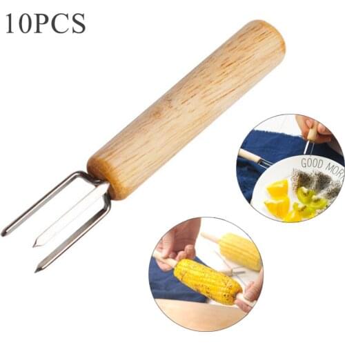 10pcs Stainless Steel Corncob Skewers Portable Multifunctional BBQ Tools With Wooden Handle