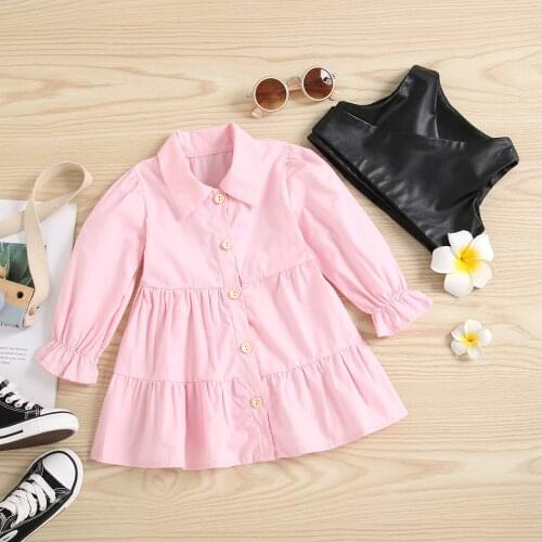 2PCS Fashion Toddler Baby Girls Clothes Set Children Girls Outfit Pink Long Sleeve Shirt Dress + PU Leather Vest Outfit