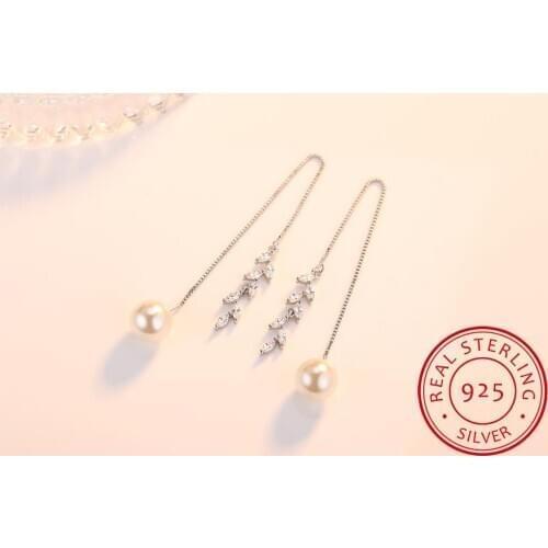 925 Sterling Silver Cubic Zirconia Leaves Earrings Long Chain Tassel Imitation Pearl Earrings pendientes Brincos S-E282