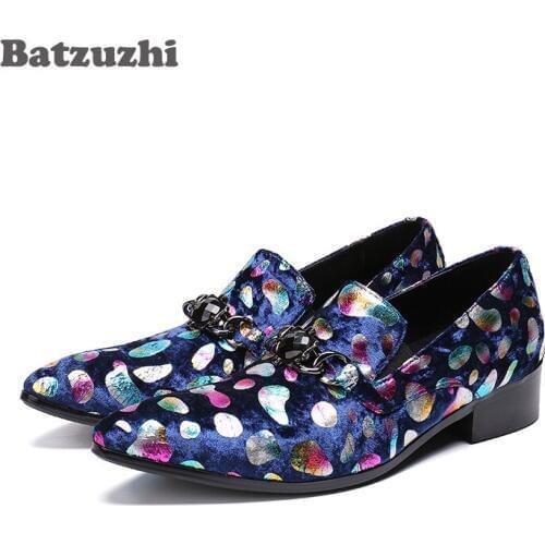 Batzuzhi Luxury Mens Shoes 2018 Pointed Toe Blue Mutil Leather Party Shoes Luxury Rock Wedding Shoes Men, Big Sizes EU38 to 46
