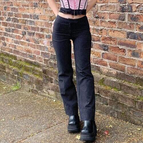 Missnight Black Pants Striped Pants Women High Waist Zipper Fly Bodycon Straight Pencil Pants Streetwear Vintage