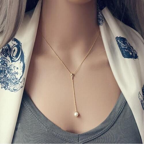 Korean Adjustable Y Type Collarbone Chain Necklace For Women Imitation Pearl Chain White & Rose Gold Color Fashion JewelryKBN067