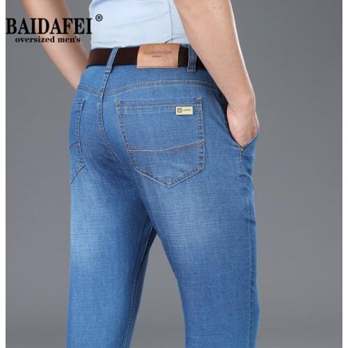Mens High Waist Straight-fit Stretch Jean 2021 Summer New Lithtweight Breathable Men Classic Light Blue Business Jeans