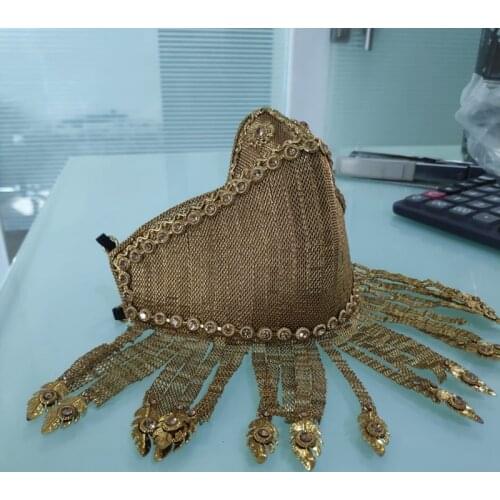DOYUTIG Indian Design Antique Metal Mask Fashion Short Tassels Rhinestone Masks For Women&Men Antique Gold Metal Masks F856