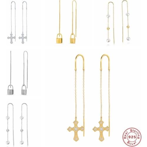 GS 925 Sterling Silver Pearl Beads Ball Drop Earrings Long Chain Tassel Dangle Earrings Cross Lock Pendant Threader Earrings