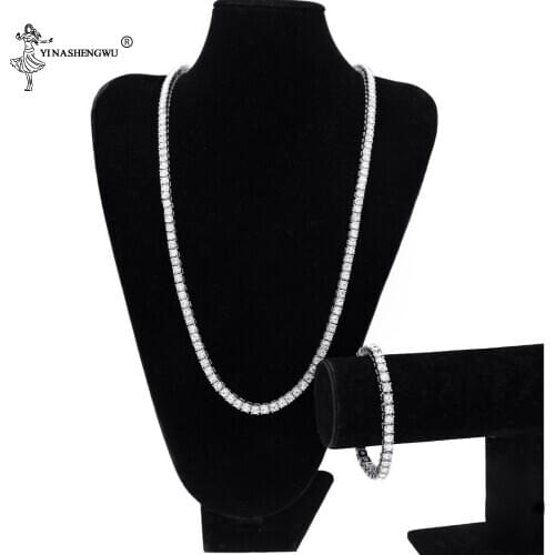 Hiphop Choker Bling Iced Out Rhinestone Chain Necklace 5mm Width Silver Color 1 Row Tennis Chains Necklaces Bracelet Set For Men