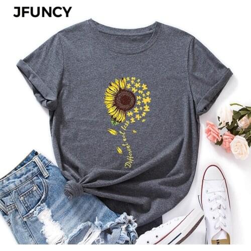 JFUNCY Plus Size Women T-shirt Female Short Sleeve T Shirt Sunflower Print Graphic Tops Woman Loose Shirts Summer Cotton Clothes