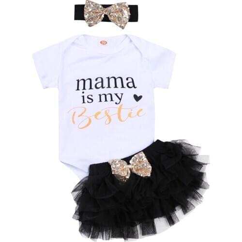 3 PCS Baby Girl Outfits Short-Sleeved Round Neck Letter Printed Romper + Net Gauze Fluffy Skirt + Sequin Bow Headband