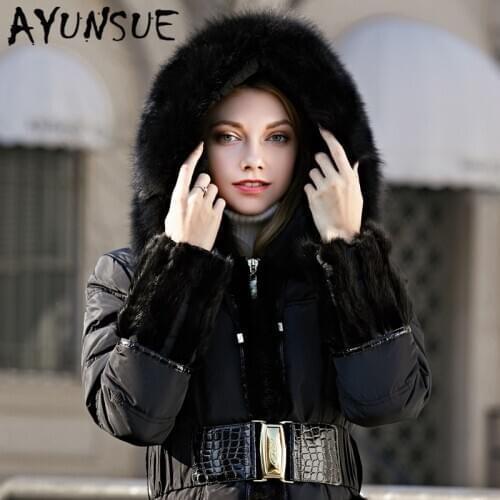 AYUNSUE Real Mink Fox Fur Hooded Womens Winter Down Jacket Woman Coat Female Thick Warm Duck Down Parkas Mujeres Abrigos 13155