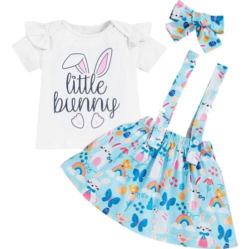 Summer Cute Easter Kids Cotton Clothing Set Toddler Kids Baby Girl Ruffle Cartoon Bunny Ear Tops Suspender Skirt Outfits Set