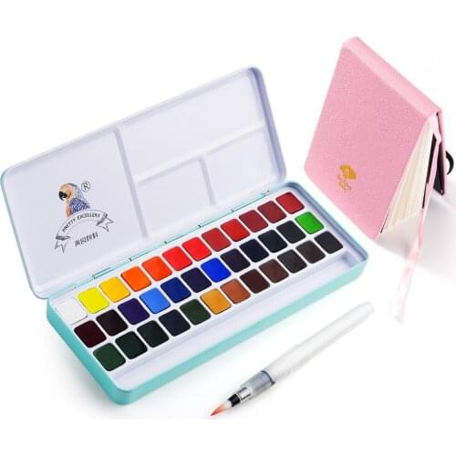 Meiliang 36 Colors Solid Watercolor Paint Set Portable Metal Case with Palette and Paint Brushes+Watercolor Paper 20 Sheets