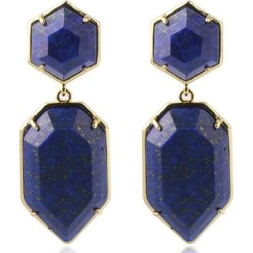 Trendy-beads Light Yellow Gold Color Layer Polygon Shape Dangle Earrings Lapis Lazuli Jewelry