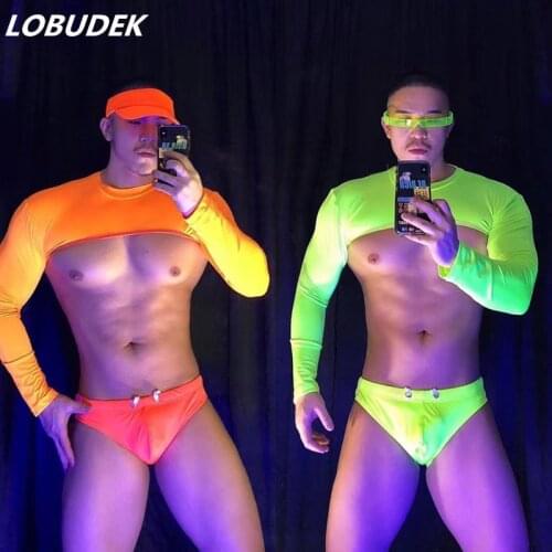 Bar Nightclub Men DJ Pole Dance Gogo Costume Fluorescent Orange Green Top Shorts Set Festival Rave Party Show Hollow Out 2 Piece