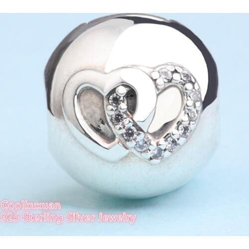 Autumn 925 Sterling Silver Heart Bond Charm, Clear CZ Beads Heart Clip Beads Fit Original Pandora Charms Bracelet jewelry