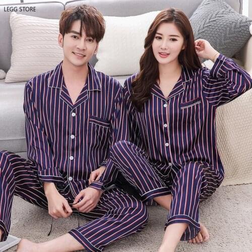 Couple Pajama Sets Silk Satin Striped Sleepwear His-and-her Home Suit Pyjama For Lover Man Woman Lovers' Clothes Adult