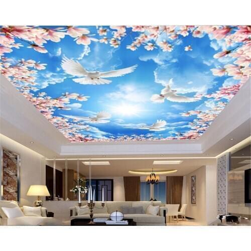 Custom 3d Zenith Wallpaper Mural Blue Sky Pink Flowers White Dove Floral Wallpaper For Walls Promotion