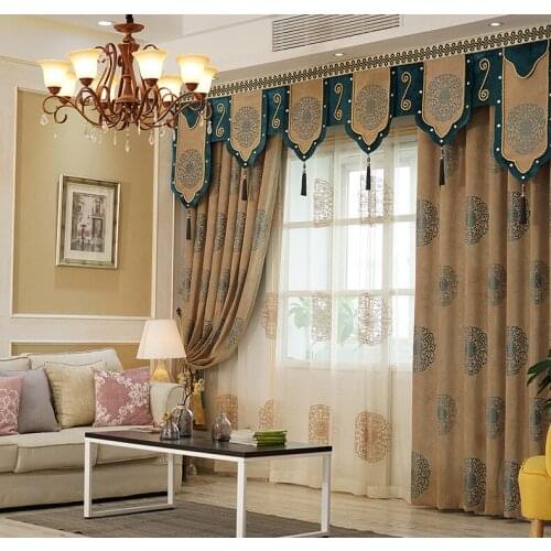 Custom curtains High-quality New Chinese classical jacquard thick blue Chenille blackout curtain shading valance tulle M1037