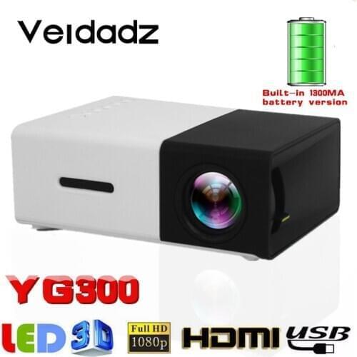 VEIDADZ YG300 Portable LED Mini Projector Built-in 1300mAh Battery HDMI-Compatible USB AV Support 1080P Home Media Player