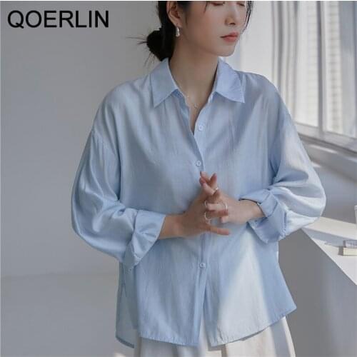QOERLIN 2021 Summer Women Blue Blouse Long Sleeve Simple Shirts Office Lady Female Top Single Breasted Turn Down Collar Blouses