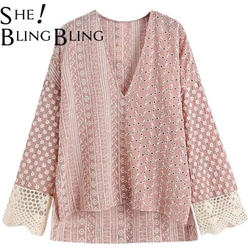 SheBlingBling Crochet Cuff Women Blouses Summer Drop Shoulder Embroidery Hollow Out Loose Shirts Female Casual High Low Tops