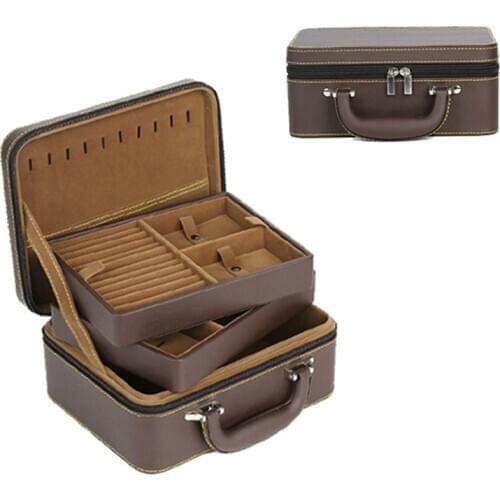 Double Large Leather Ring Earring Pendant Bracelet Velvet Tray Portable Jewelry Display Box