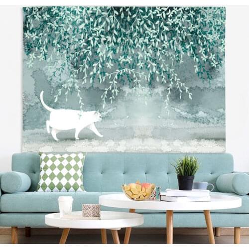 Nordic Simplicity Little Fresh Renovation Bedroom Net red arrangement Room decoration cloth Abstract green leafy white cat