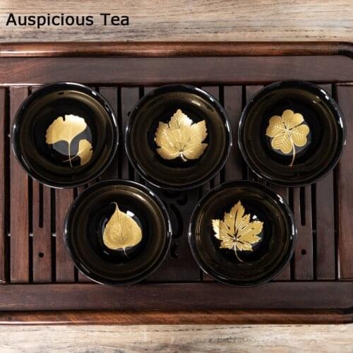 Traditional Black Ceramic Teacup Tree Leaf Pattern Tea Bowl Chinese Handmade Tea Set Portable Meditation Cup Master Tea Cup