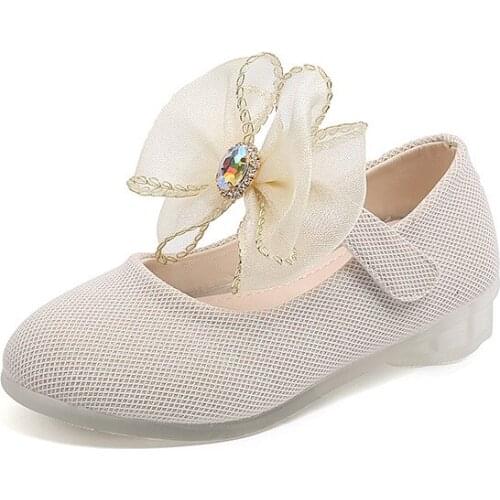 Korean Girl Fashion Silk Cloth Bow Leather Shoes Children High Heels Princess Shoes Rhinestones for Wedding Chic Sweet Kids Flat