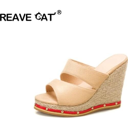 REAVE CAT Women New 2021 Wedge Sandals Leisure Sweet Concise Solid Slip-On Mules Open Toe Strip Cutout Hemp Size 34-50 A3968