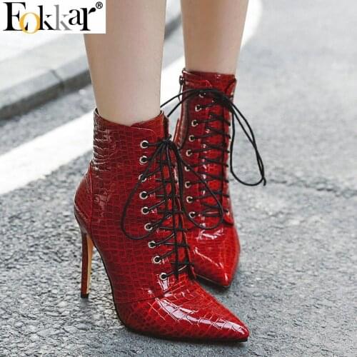 Eokkar 2020 Women Ankle Boots Pointed Toe Lace Up Winter Boots Shoes Women Super Thin High Heel Adies Booties Size 34-43
