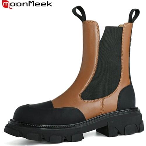 MoonMeek 2022 Chelsea Boots Fashion Hot Sale Ankle Boots Platform Elastic Band Women Winter Boots Casual Genuine Leather Shoes