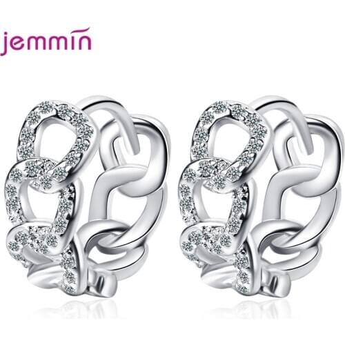 100% 925 Sterling Silver Dazzling CZ Crystal Paved Chain Shape Circle Round Hoop Earrings for Women Sterling Silver Jewelry