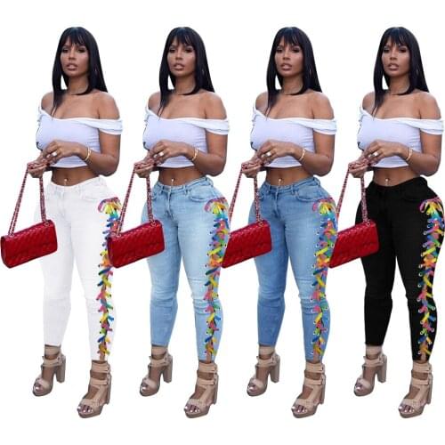 Wholesale casual sexy high waist ladies ripped fashion high waist side strap jeans