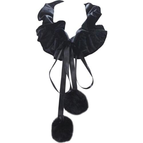 Womens Victorian Ruffled Decorative Fake Collar Pleated Black Pleuche Velvet Neck Ruff Scarf with Adjustable Pompom Ties