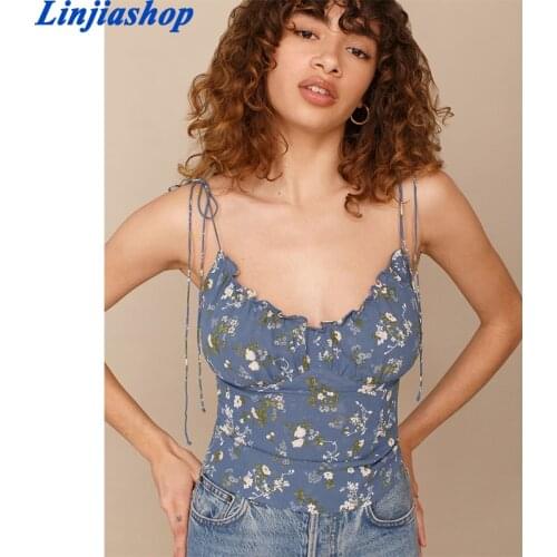 Summer women floral print beach sexy crop tops bohemian blue elastic short camis female vestidos