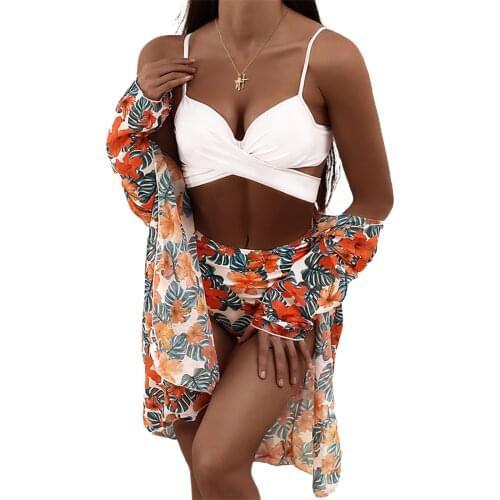 3Pcs Sexy Lady Split Swimwear Set Summer Women Floral Printing Bikini Brazilian Swimsuit Push-up Swimsuit with Long Sleeve Veil