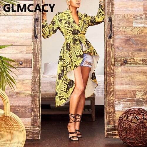 Women Long Sleeve Shawl Lapel Newspaper Printed Dip Hem Dress