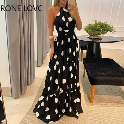 Women Dress Polka Dot Print Halter Backless Ruched Maxi Dress